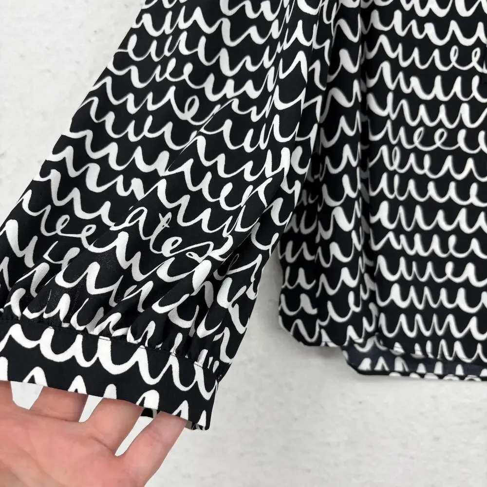Kate Spade Pop Scallop Blouse Top Size S Black White Print Ruffle Tie Neck